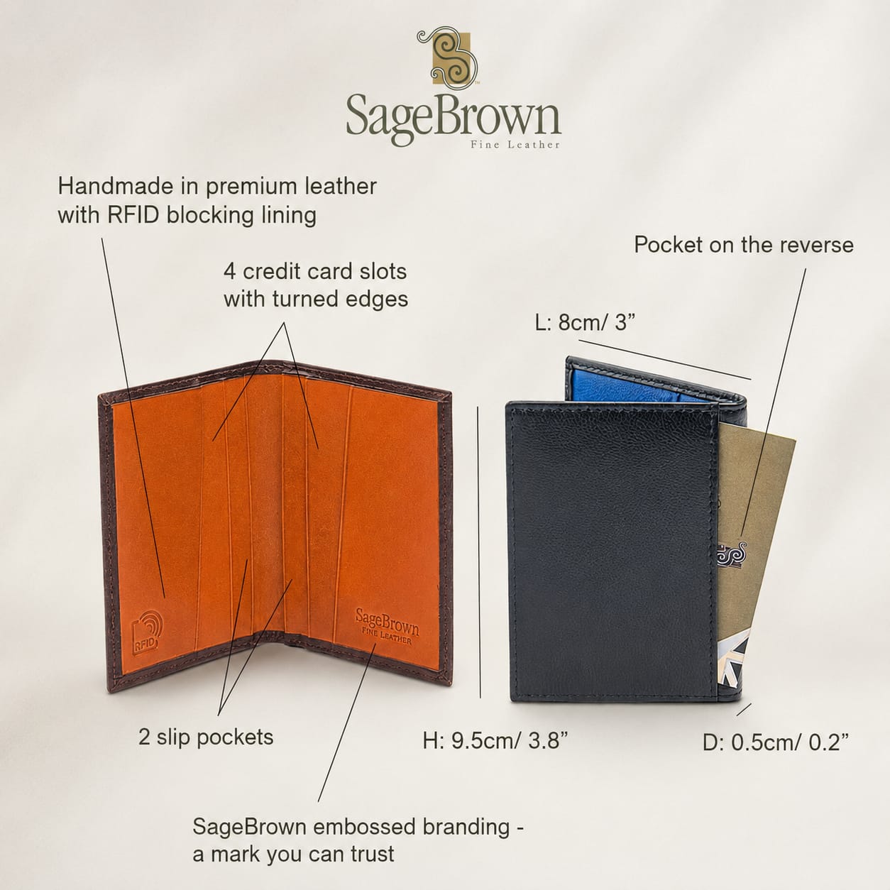 Luxury Slim RFID Leather Credit Card Wallet , features and dimensions