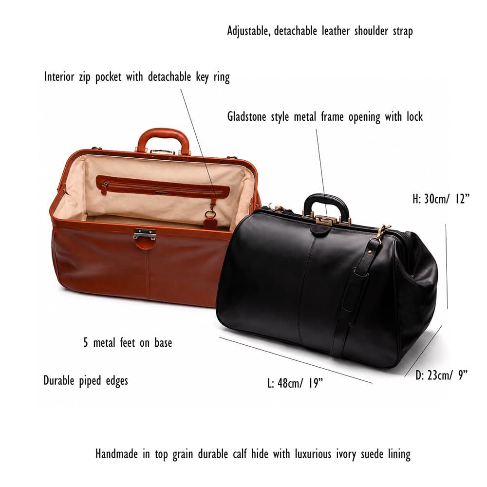 Medium leather Gladstone holdall, features and dimensions