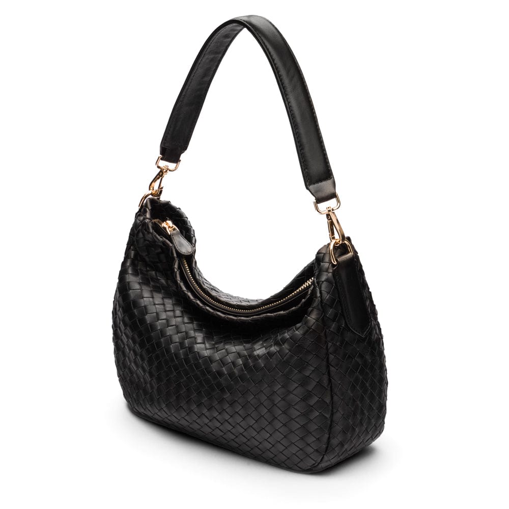 Melissa slouchy leather woven bag with zip closure, black ,side
