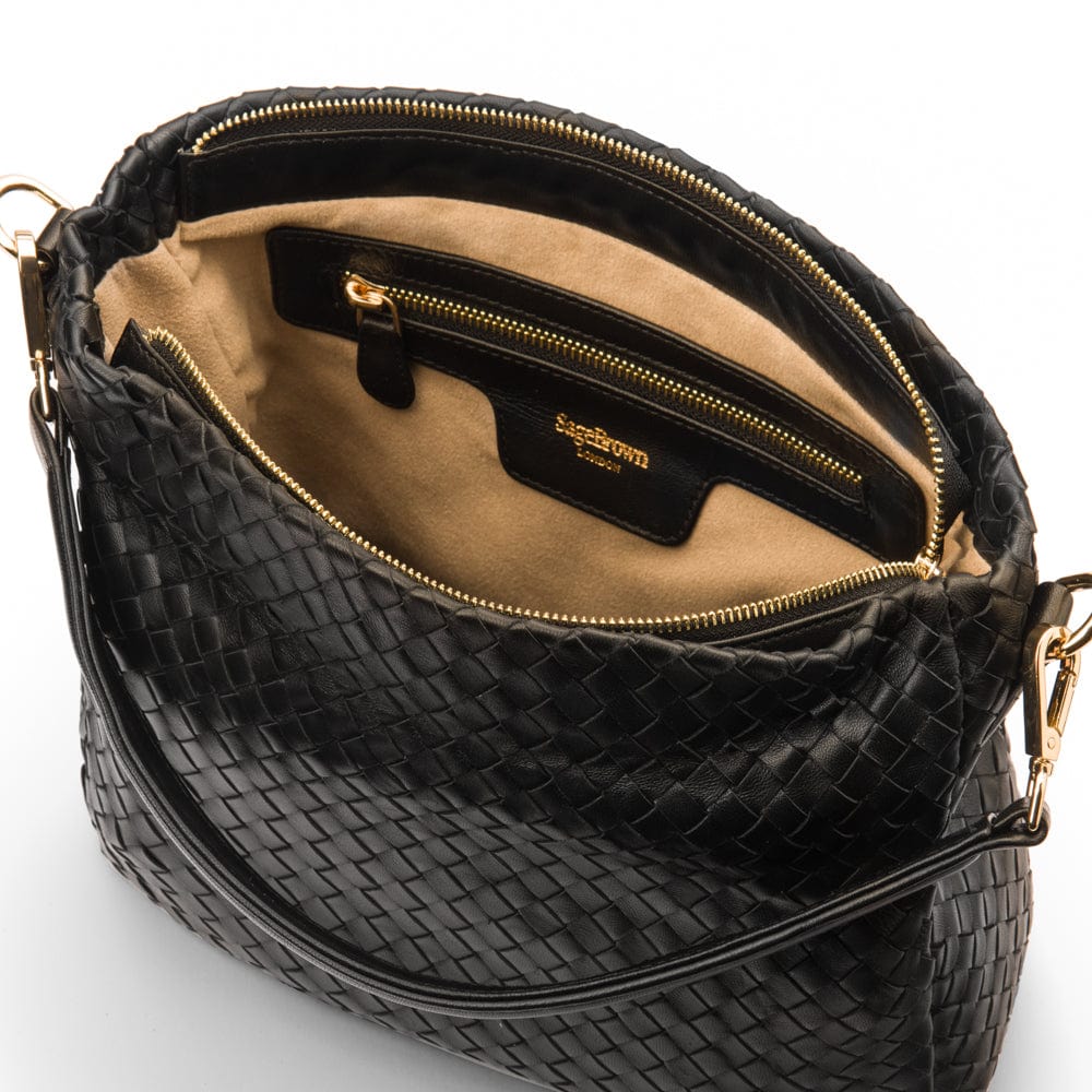 Melissa slouchy leather woven bag with zip closure, black, inside