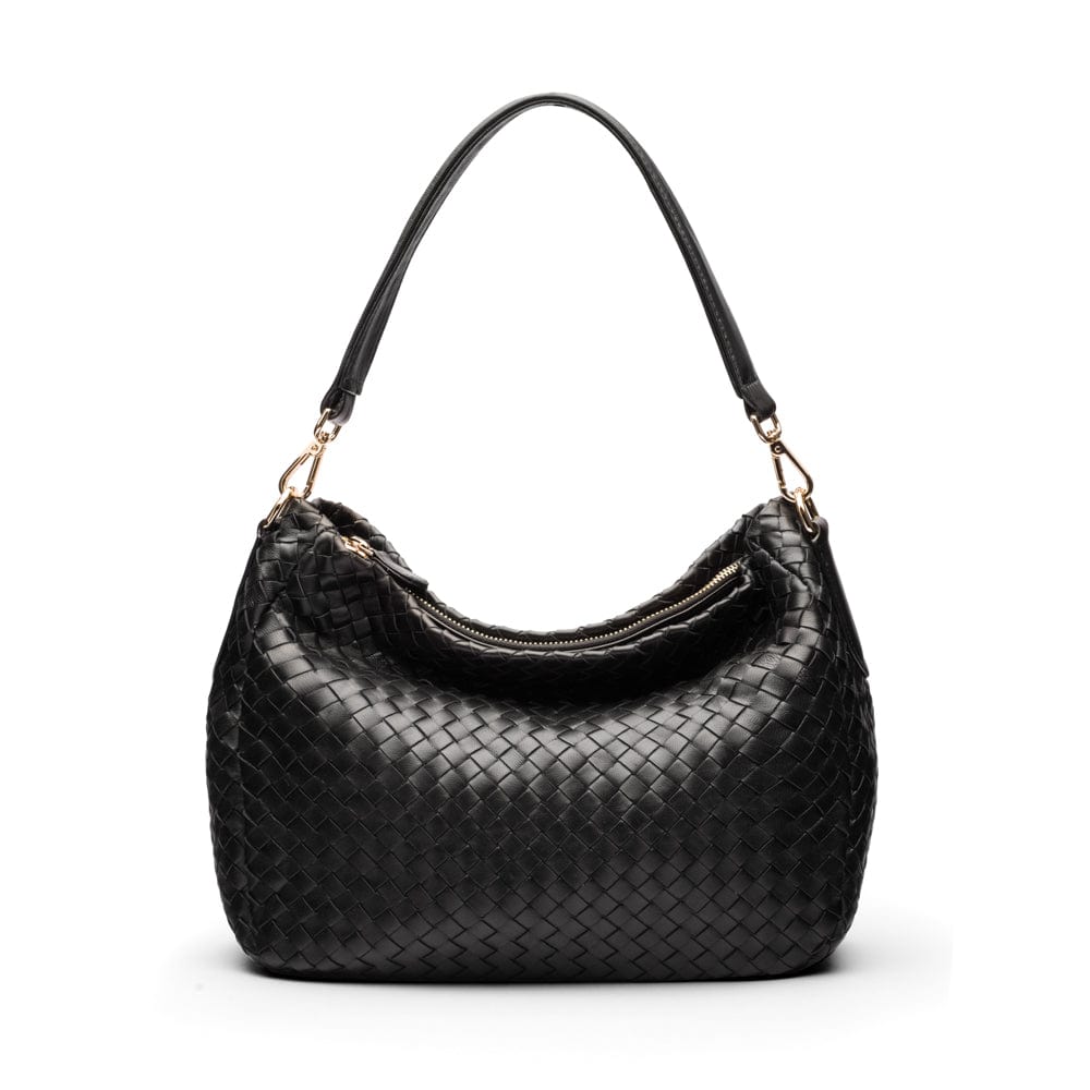 Melissa slouchy leather woven bag with zip closure, black, front