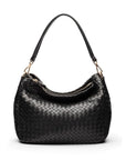 Melissa slouchy leather woven bag with zip closure, black, front