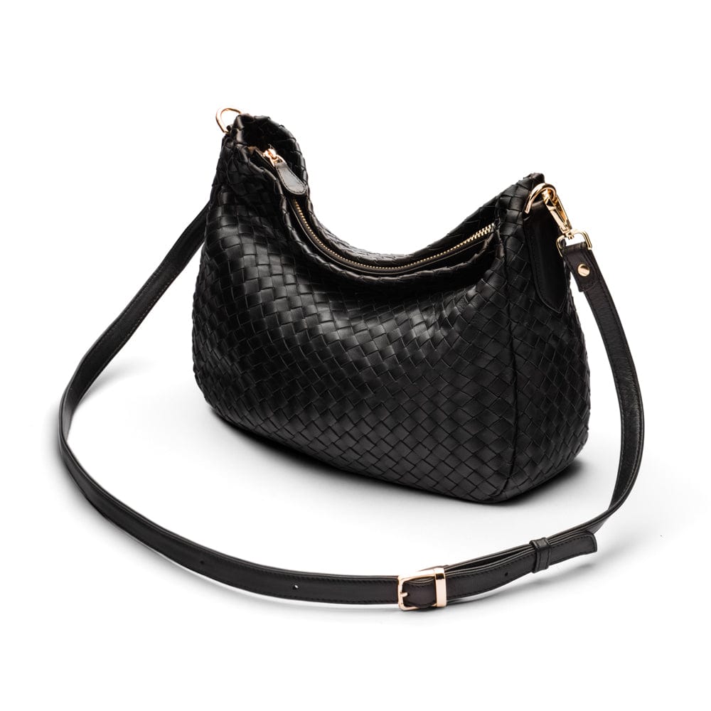 Melissa slouchy leather woven bag with zip closure, black, with long shoulder strap