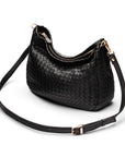 Melissa slouchy leather woven bag with zip closure, black, with long shoulder strap