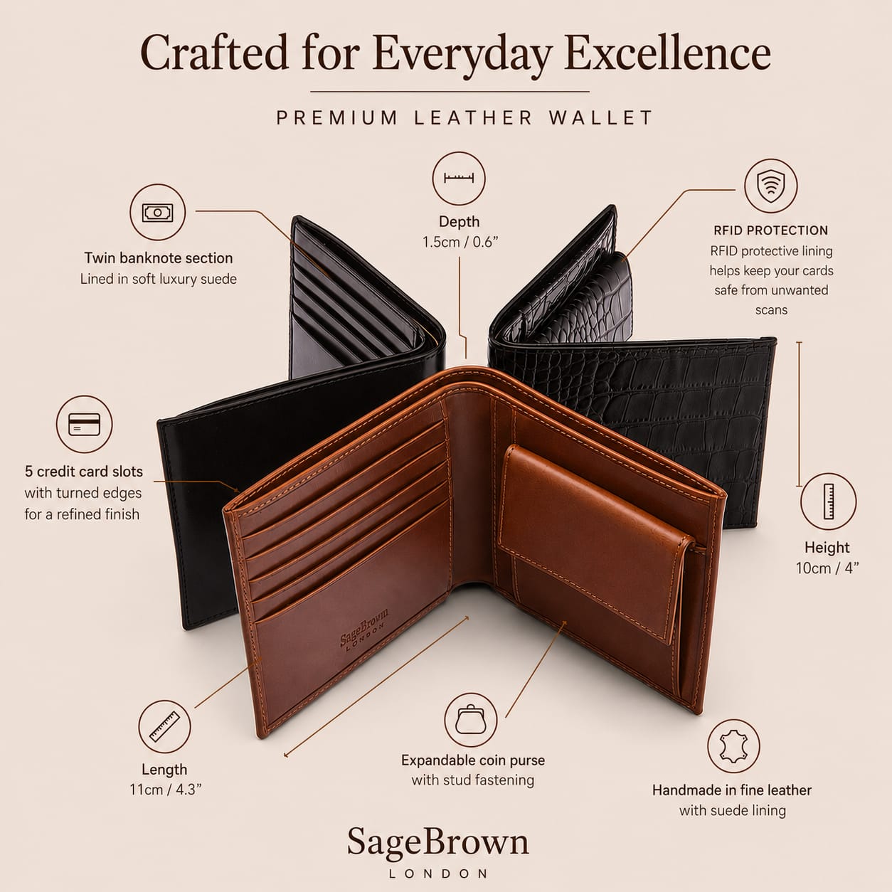 Leather RFID wallet with coin purse, features and dimensions