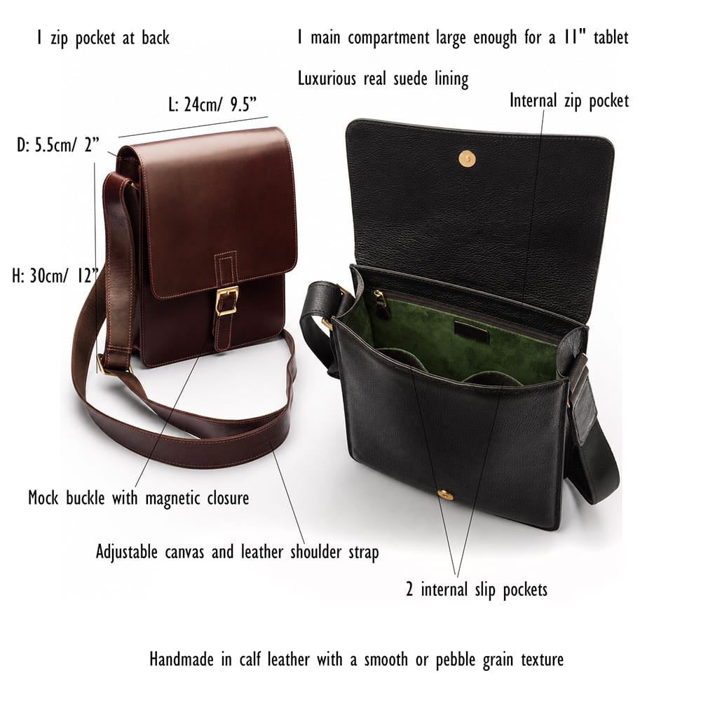 Men's leather messenger bag with buckle, features and dimensions