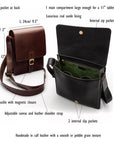 Men's leather messenger bag with buckle, features and dimensions