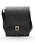 Mens leather messenger bag with buckle strap, black pebble grain, front