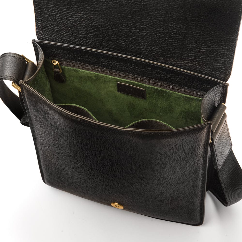 Mens leather messenger bag with buckle strap, black pebble grain, interior