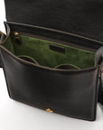 Mens leather messenger bag with buckle strap, black pebble grain, interior