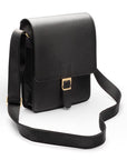 Mens leather messenger bag with buckle strap, black pebble grain, side