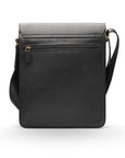 Mens leather messenger bag with buckle strap, black pebble grain, back