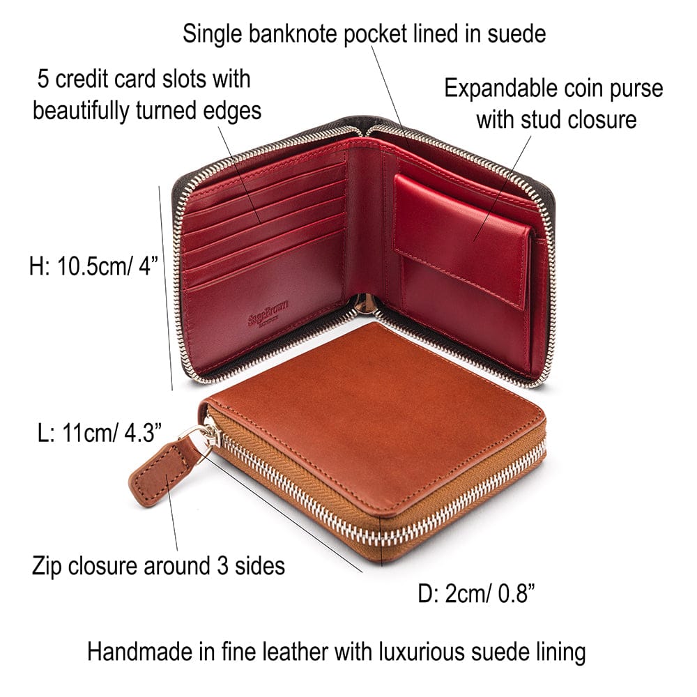 Men's leather zip wallet with coin purse, features and dimensions