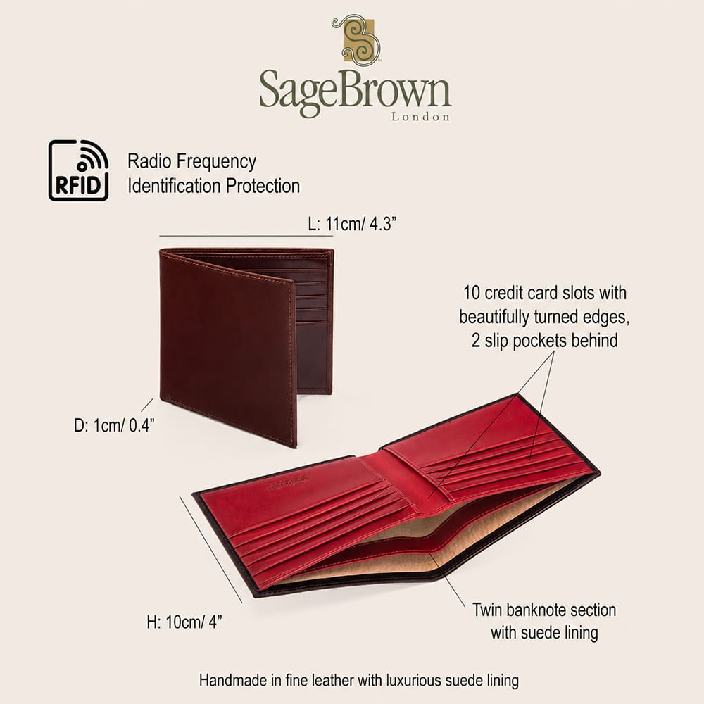 Leather RFID wallet with 10 card slots, features and dimensions