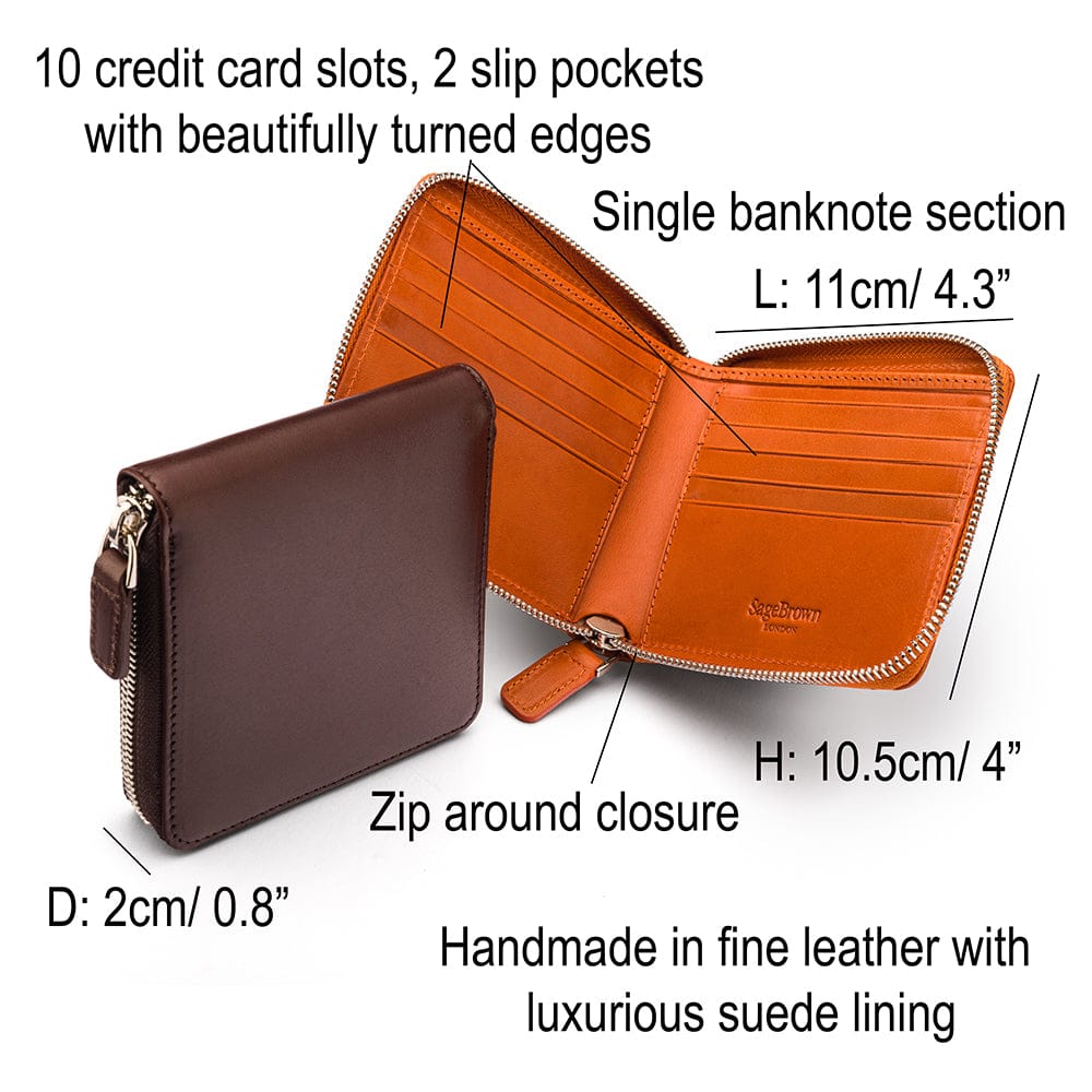Men's leather wallet with zip around closure, features and dimensions