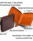 Men's leather wallet with zip around closure, features and dimensions