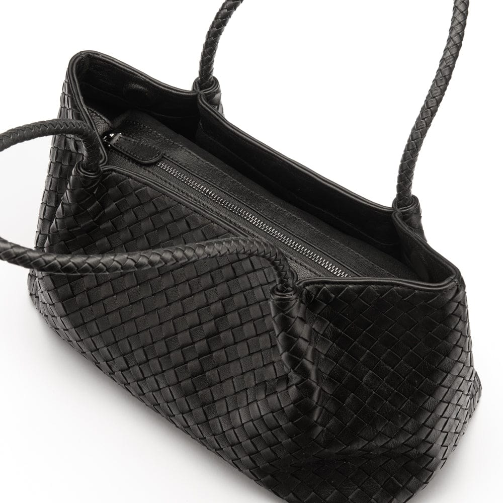 Midi woven leather bag, black, inside