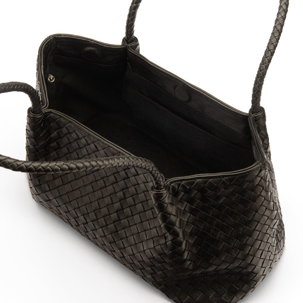 Midi woven leather bag, black, open view