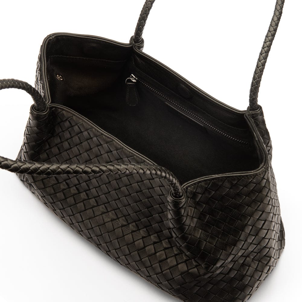 Midi woven leather bag, black, open