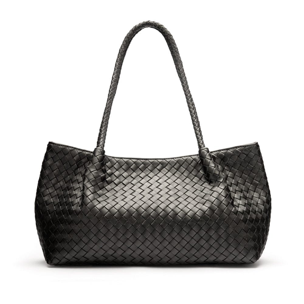 Midi woven leather bag, black, front