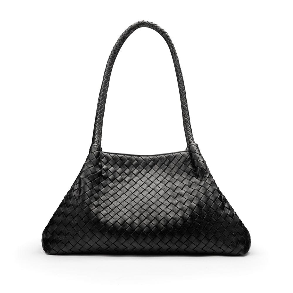 Midi woven leather bag, black, trapeze shape
