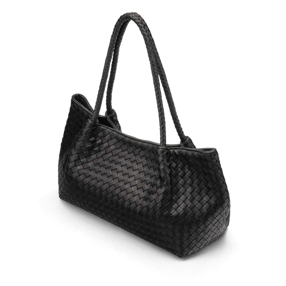Midi woven leather bag, black, side