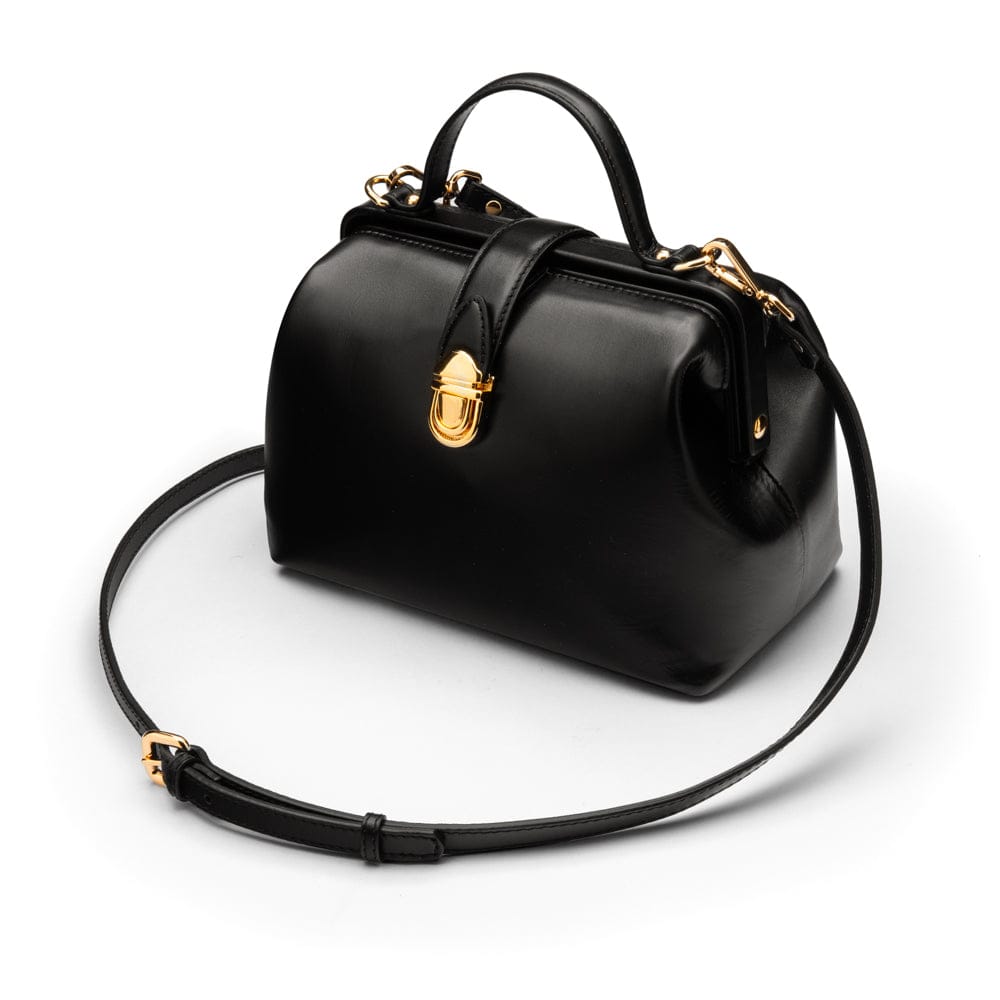 Mini leather Gladstone bag, black, with shoulder strap