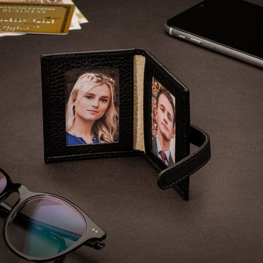 Mini leather passport photo frame, black, 60 x 40mm, lifestyle