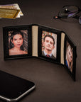 Mini leather trifold photo frame, black, 60 x 40mm, lifestyle