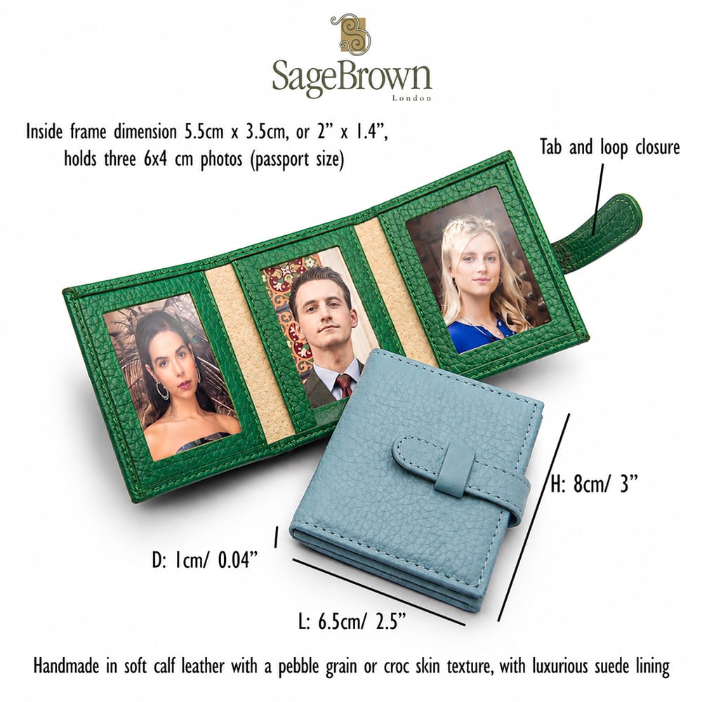 Mini triple leather photo wallet, features and dimensions