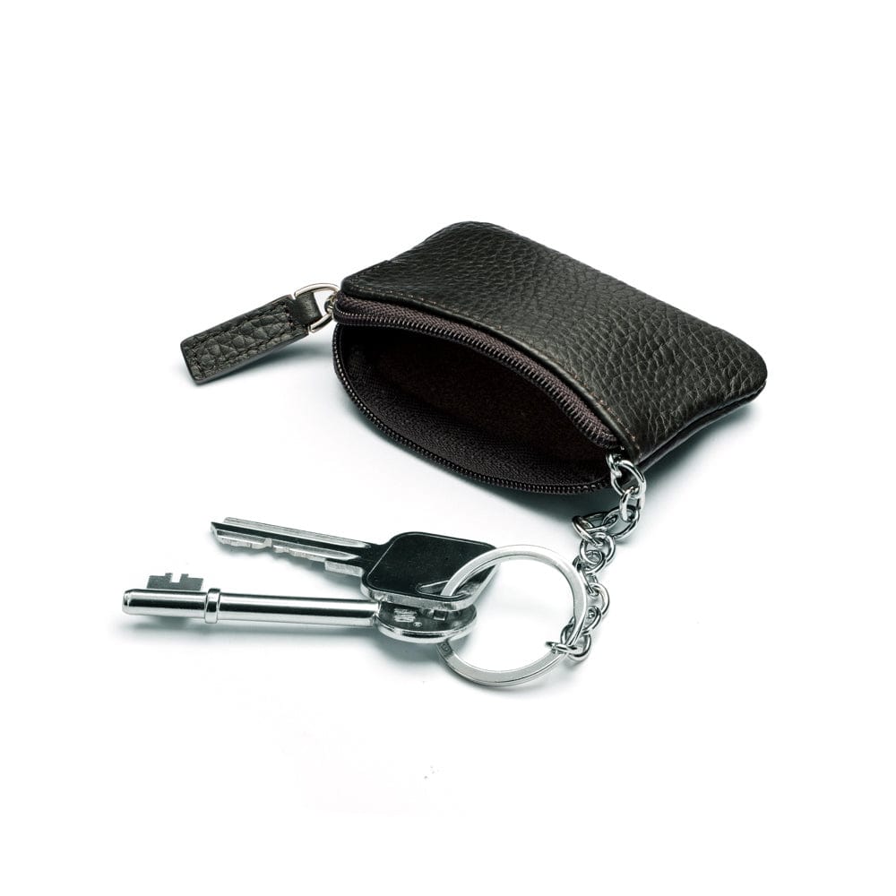 Miniature leather coin purse with key chain, black, inside