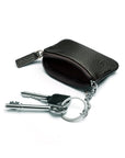 Miniature leather coin purse with key chain, black, inside