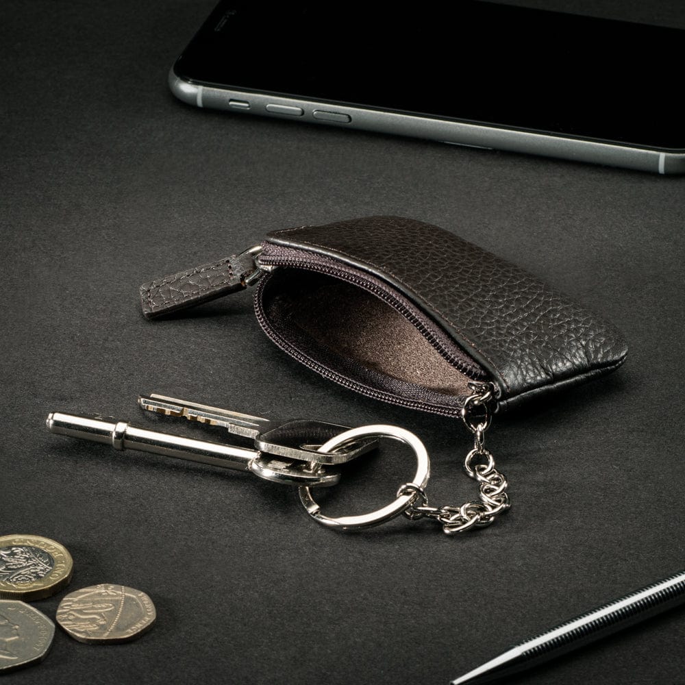 Miniature leather coin purse with key chain, black, lifestyle