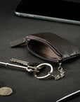 Miniature leather coin purse with key chain, black, lifestyle