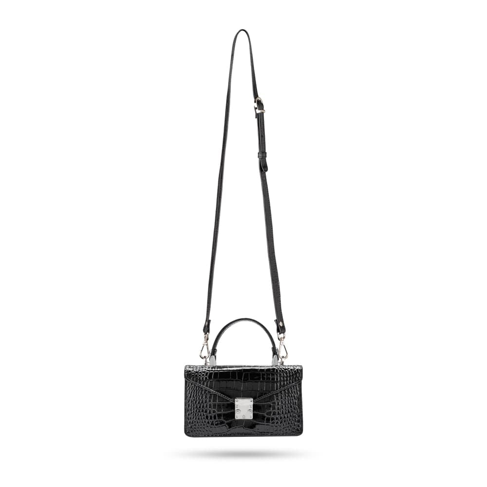 Luxury Leather Maya Top Handle Crossbody Bag, Patent Black Croc, with long shoulder strap