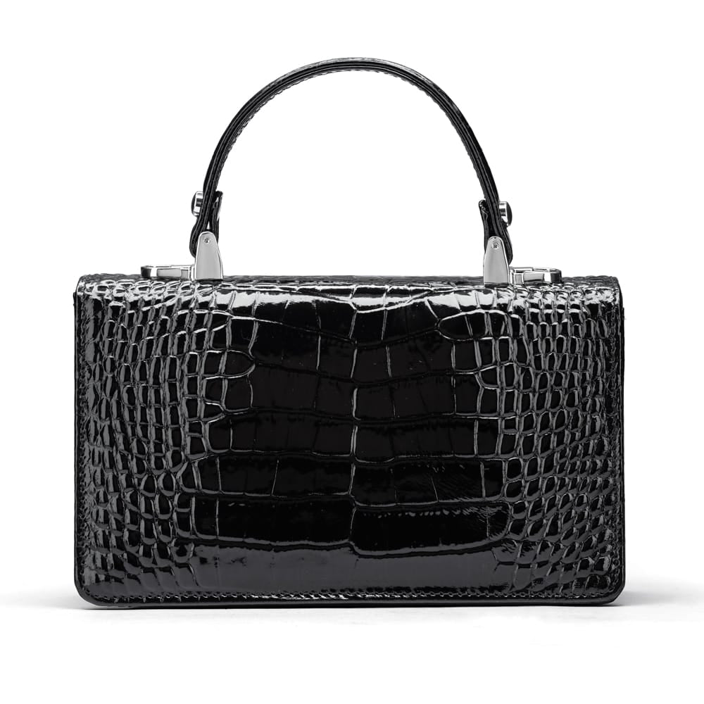 Luxury Leather Maya Top Handle Crossbody Bag, Patent Black Croc, back