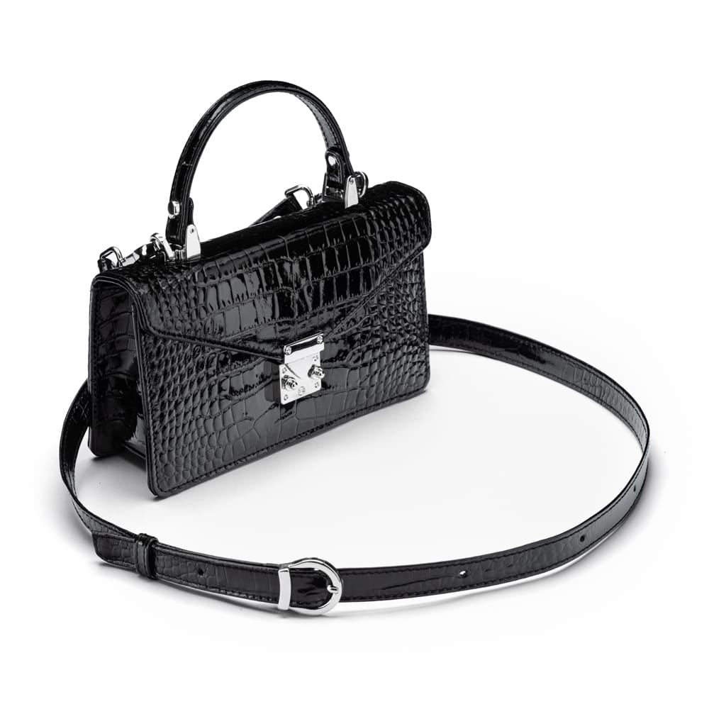 Luxury Leather Maya Top Handle Crossbody Bag, Patent Black Croc, side