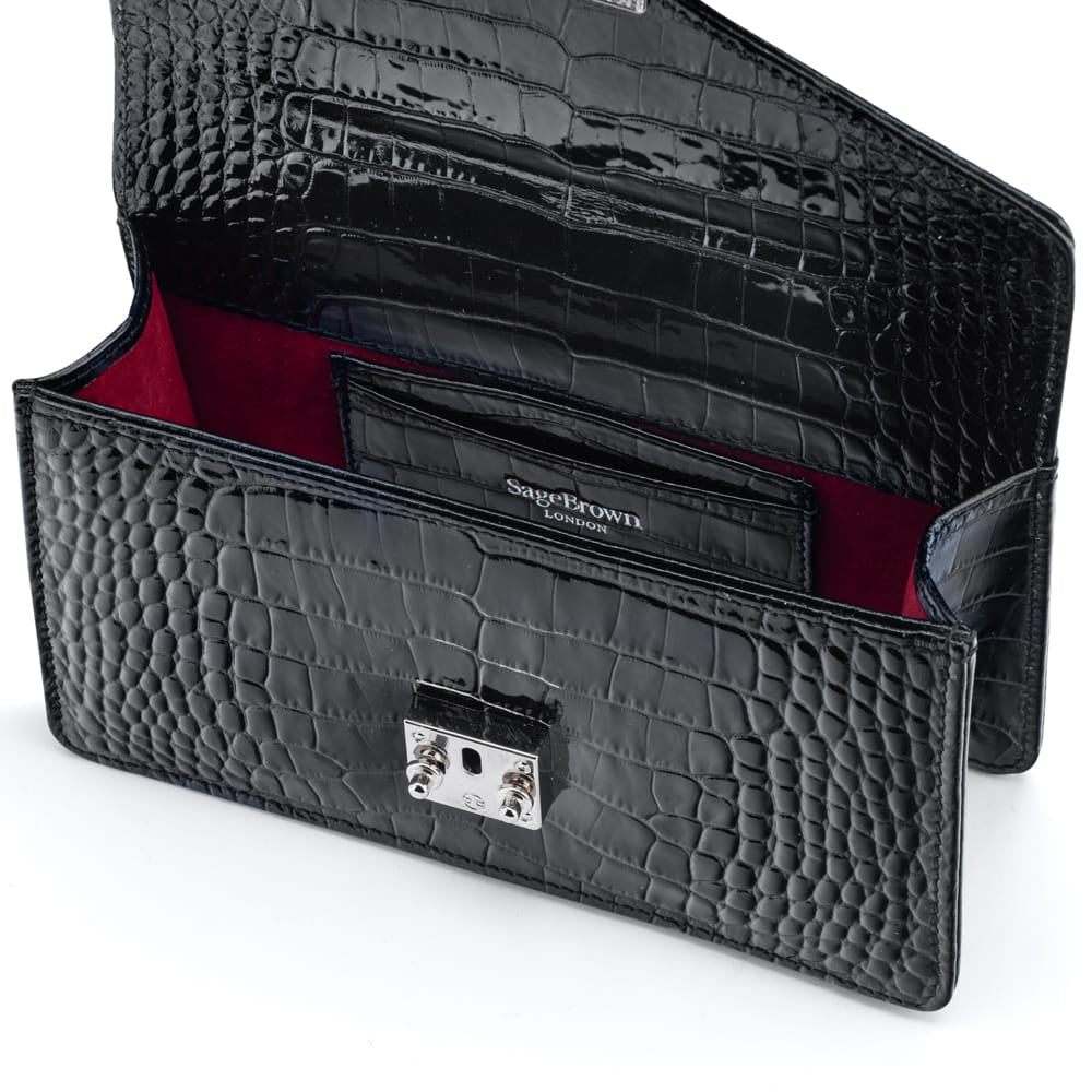 Luxury Leather Maya Top Handle Crossbody Bag, Patent Black Croc, inside