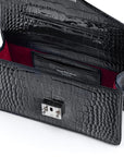 Luxury Leather Maya Top Handle Crossbody Bag, Patent Black Croc, inside