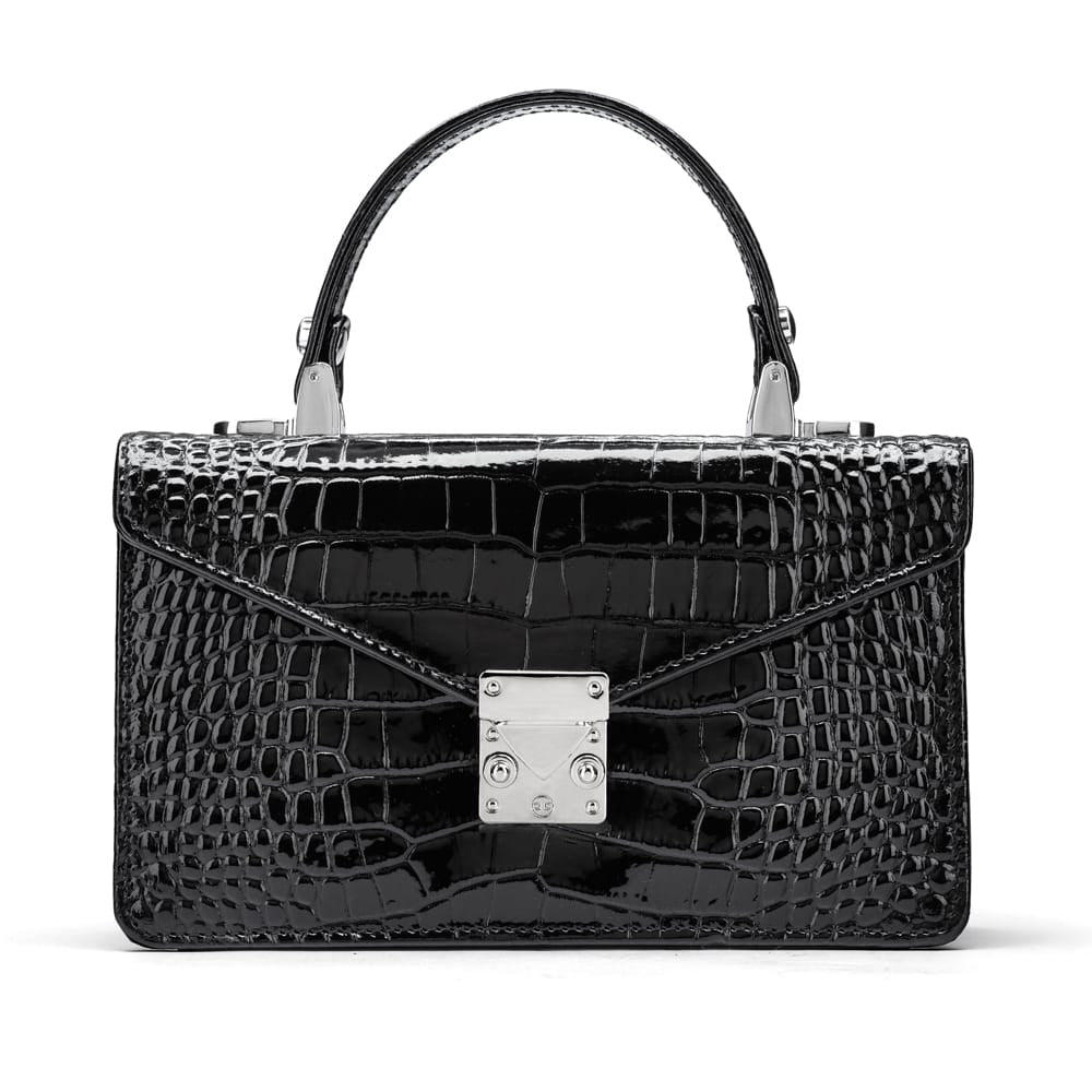 Luxury Leather Maya Top Handle Crossbody Bag, Patent Black Croc, front