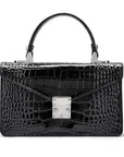 Luxury Leather Maya Top Handle Crossbody Bag, Patent Black Croc, front