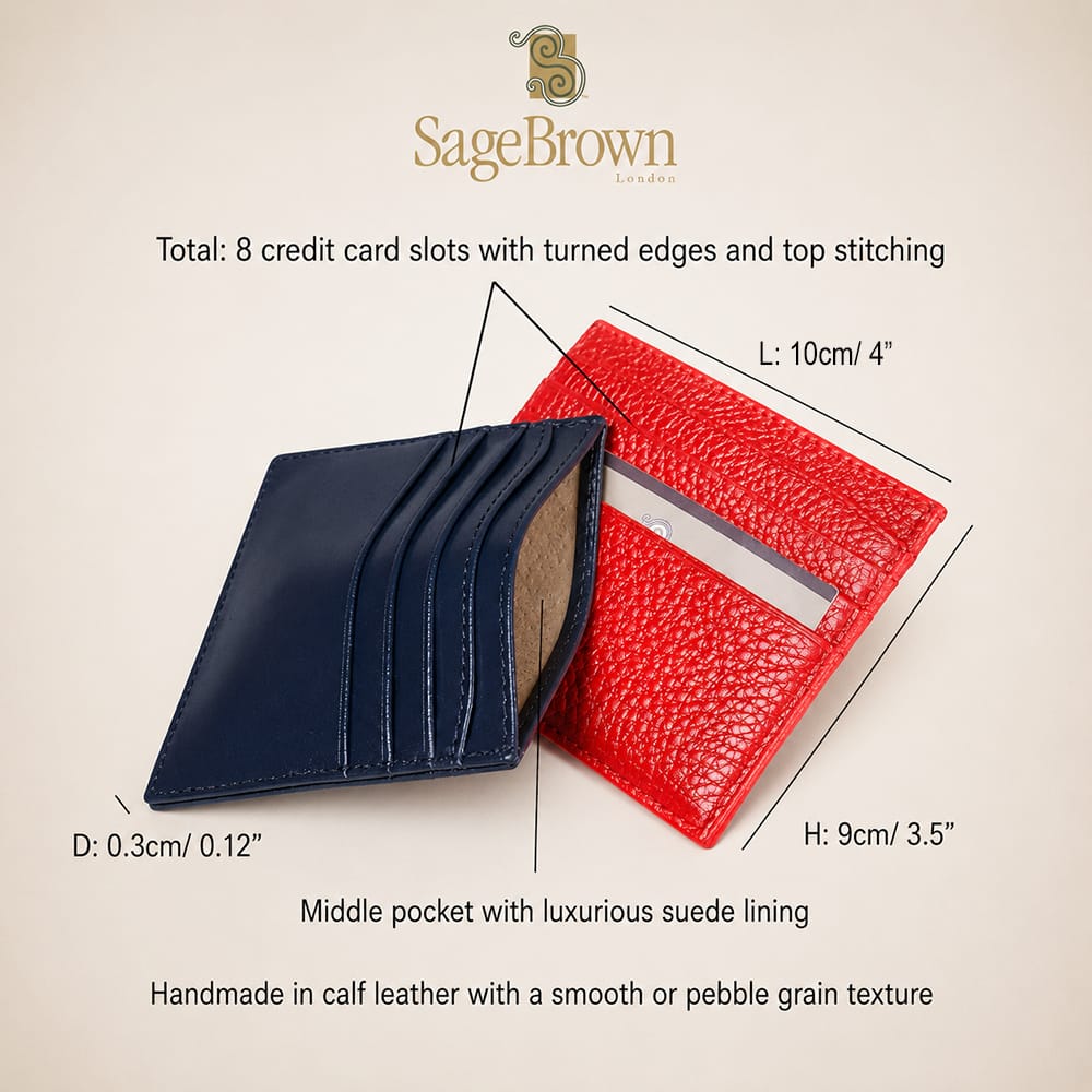 Flat leather card holder with 8 card slots, features and dimensions