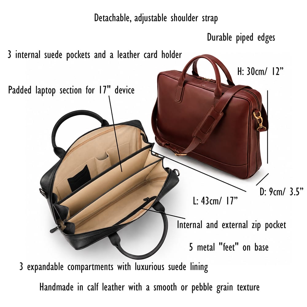 Leather laptop bag, 17 inch, features and dimensions