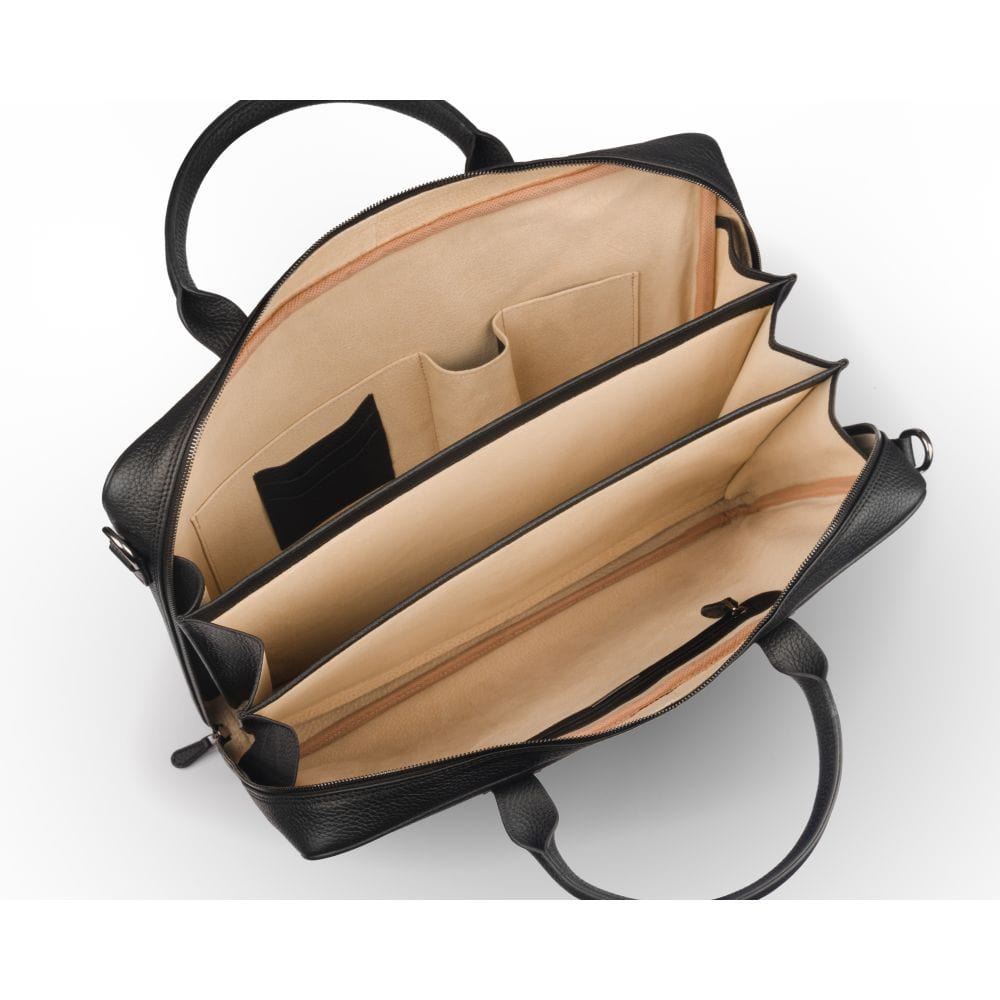 Leather laptop bag, 17 inch, black pebble grain, inside