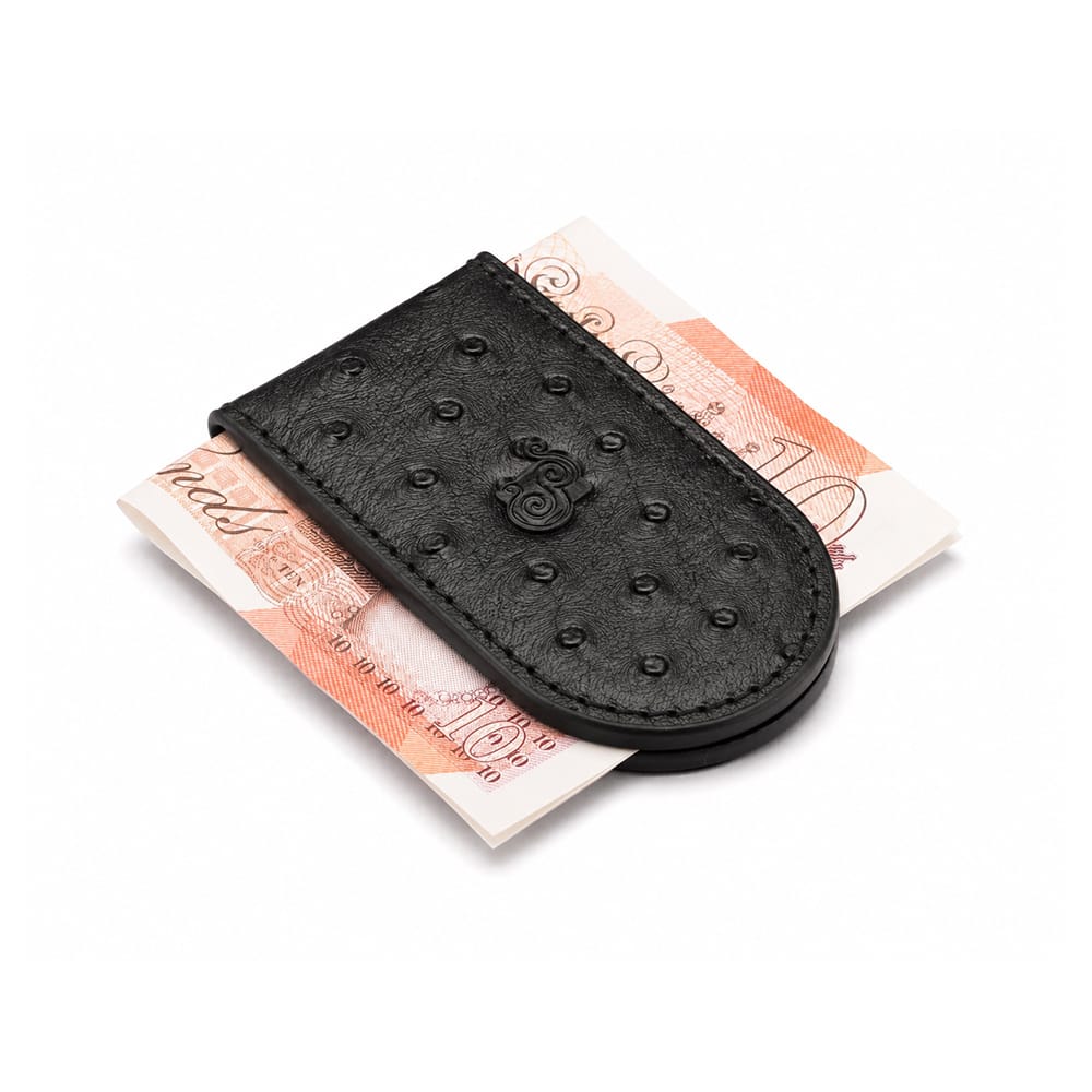 Real Ostrich Leather Magnetic Money Clip, Black, front view