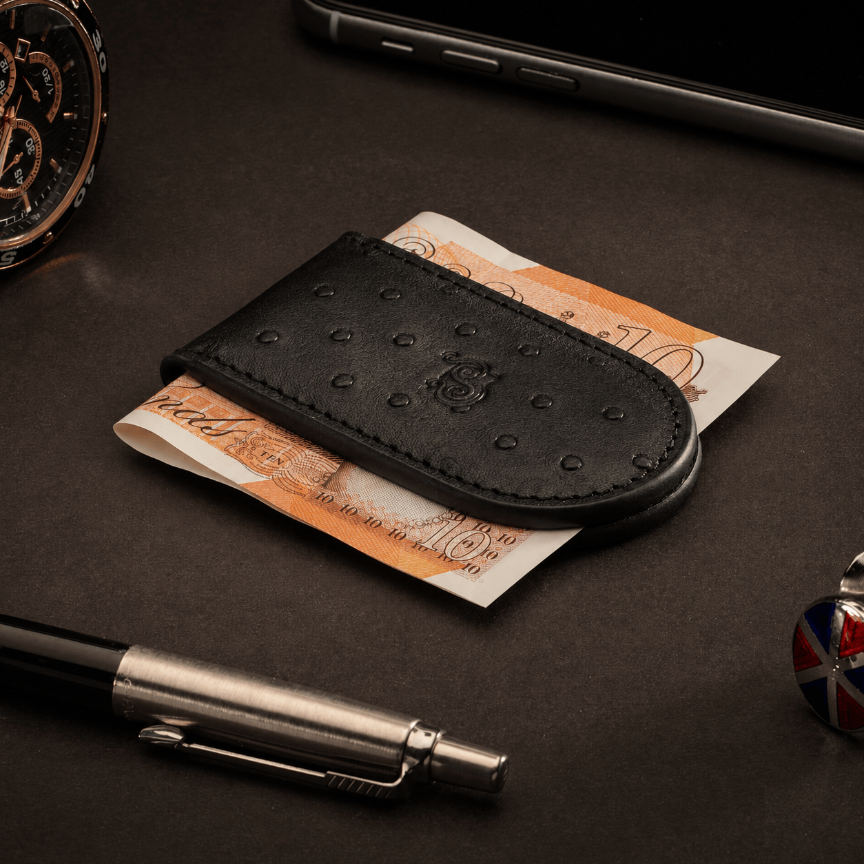 Real Ostrich Leather Magnetic Money Clip, Black, lifestyle