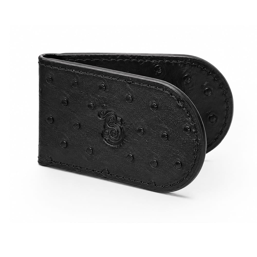 Real Ostrich Leather Magnetic Money Clip, Black, front