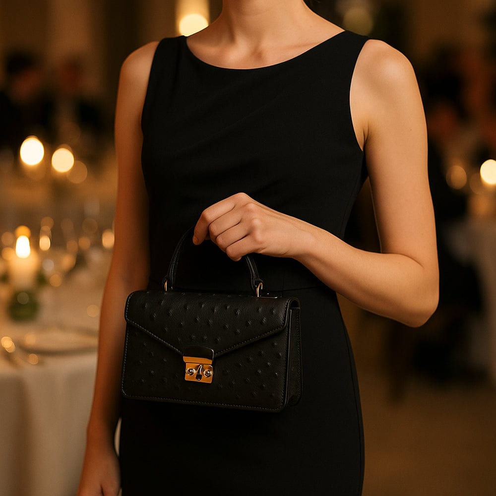 Real ostrich Maya bag, black ostrich, lifestyle