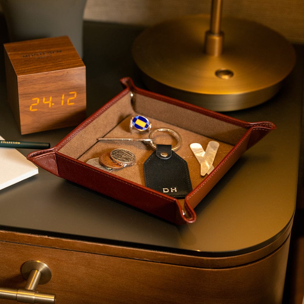 Rectangular leather key fob, black, personalised