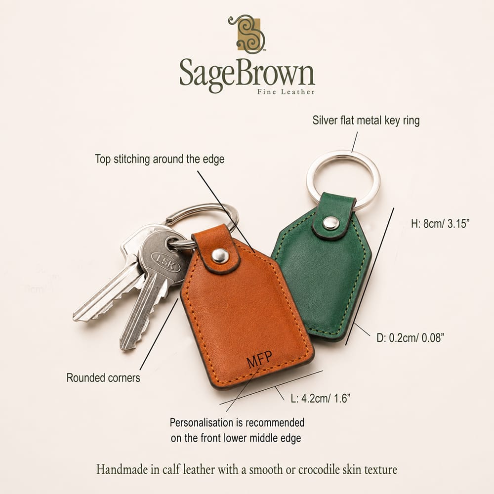 Rectangular leather key fob, features and dimensions
